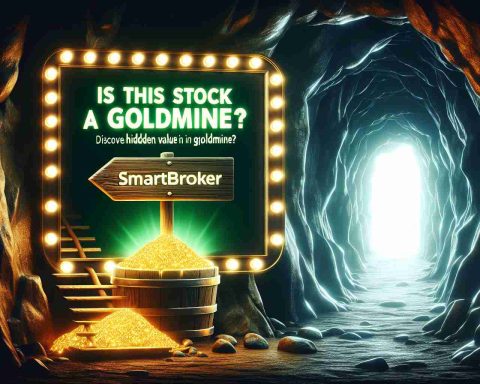 Create a high definition, realistic image displaying the concept of discovering hidden value in Smartbroker. This can be shown as a metaphorical goldmine, perhaps represented by glowing treasures hidden in a dark cave, with a shimmering sign next to it that reads, 'Is This Stock a Goldmine?'