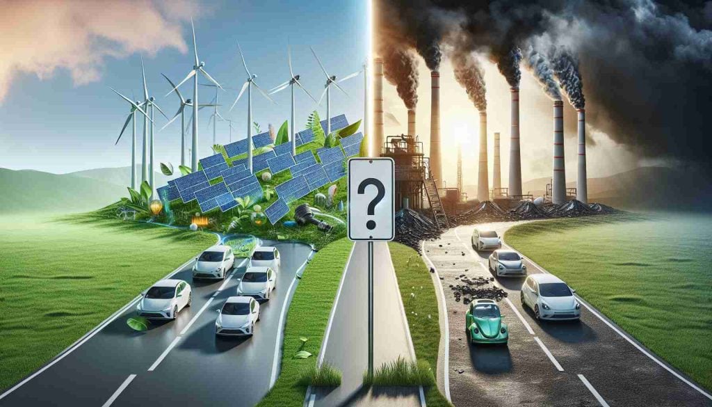 An HD realistic image showing the concept of future energy. A contrast of two scenes, one representing the green revolution with wind turbines, solar panels, and electric vehicles, the other showing potential fallback to fossil fuels with coal plants and petrol cars. In the middle, a question mark on a signpost symbolizes the uncertainty of what's next in the evolution of energy sources.