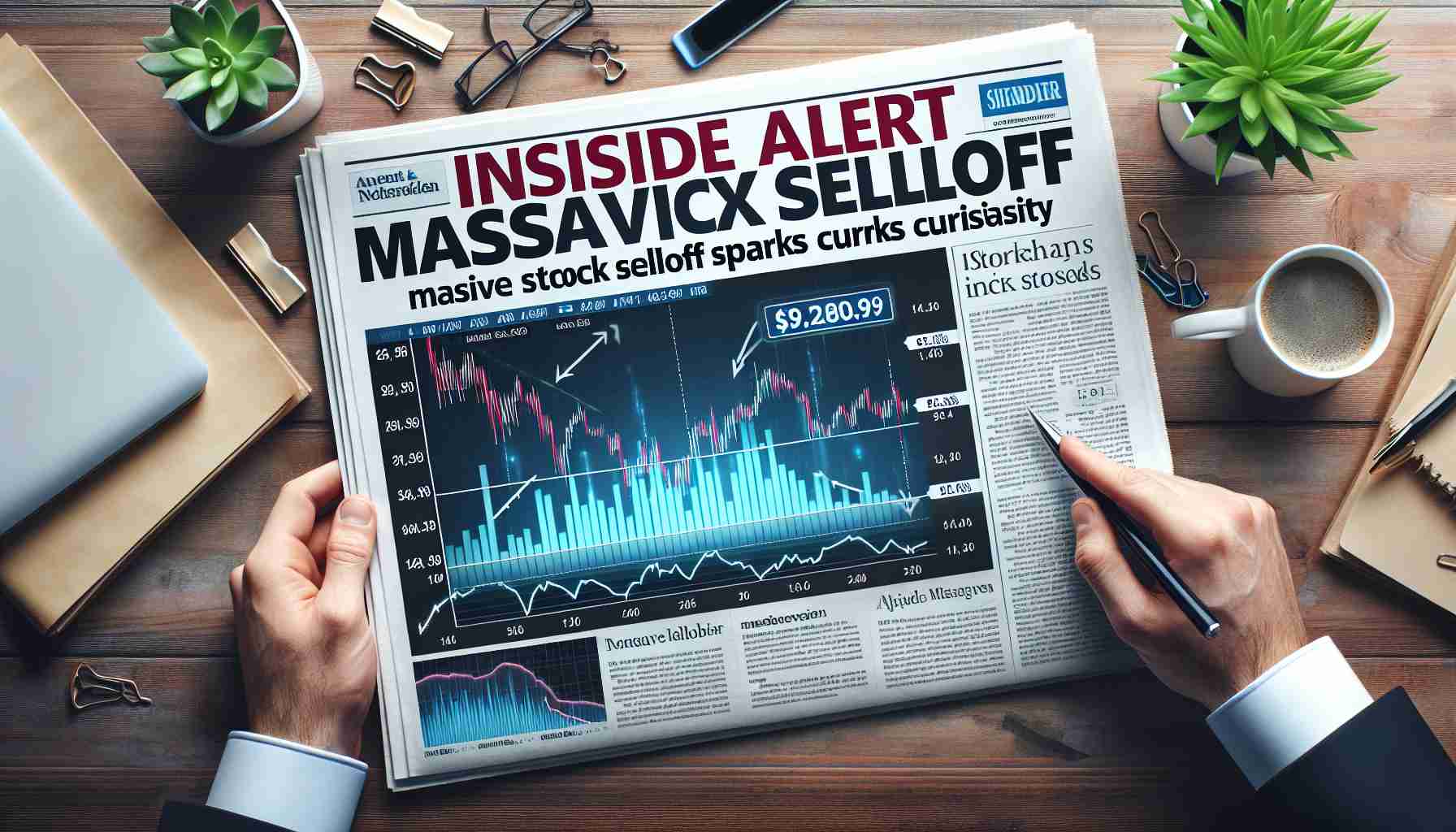 Create a high-definition, realistic-looking image of a newspaper headline that reads 'INSIDER ALERT: Massive Stock Selloff Sparks Curiosity' with a photo of stocks and graphs indicating a noticeable decline.