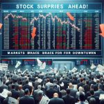 Generate a realistic, high-definition image of a wall street setting with a sense of anticipation and tension. The scene should include a digital board displaying stocks with red arrows pointing downwards, indicating an incoming market downturn. Further imply this sentiment with concerned expressions on the faces of traders, a flurry of papers in the air and people rushing about. The title 'Stock Surprises Ahead! Markets Brace for Downturn' should be shown at the center top as a headline in bold black text.