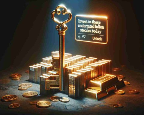 An image showcasing a high definition, realistic visual representation of the concept of unlocking hidden wealth. It presents a symbolic scene of a vintage key, presumably representing 'unlock', placed near a stack of lesser-known stocks. This stack of minor but promising stocks is artistically represented, perhaps as glowing paper slips or as miniature golden bars. A hover text says 'Invest in These Underrated Stocks Today'. The overall atmosphere hints at opportunity and potential for growth.