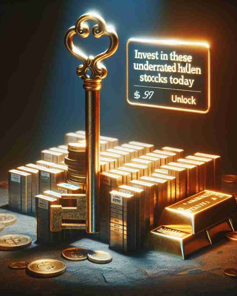 An image showcasing a high definition, realistic visual representation of the concept of unlocking hidden wealth. It presents a symbolic scene of a vintage key, presumably representing 'unlock', placed near a stack of lesser-known stocks. This stack of minor but promising stocks is artistically represented, perhaps as glowing paper slips or as miniature golden bars. A hover text says 'Invest in These Underrated Stocks Today'. The overall atmosphere hints at opportunity and potential for growth.