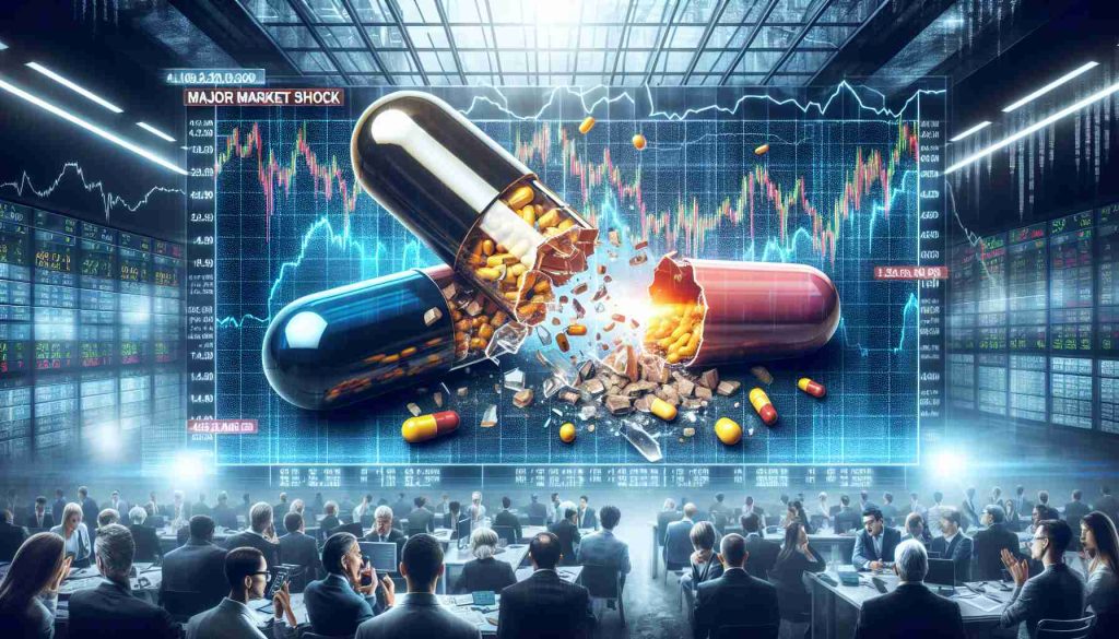 Generate a high-definition, realistic image displaying the concept of a major setback on the market involving a pharmaceutical company, symbolized by a crumbling stock chart and a medicine capsule cut in half. Include a background of a busy stock trading floor with traders showing expressions of surprise and concern. Please also add text headlines saying 'Major Market Shock: Pharmaceutical Company in Crisis! Is This the End?'