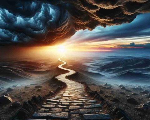 A high-definition, hyper-realistic image delineating the metaphorical concept of a 'bumpy ride but promising prospects ahead'. The image shows a pathway winding through a harsh, rocky, and uneven terrain with dark stormy skies, symbolizing the ups and downs or 'bumpy ride'. Yet, it also unveils a magnificent sunrise with vibrant colors illuminating the horizon at the far end of this path, indicating the 'promising prospects' ahead.