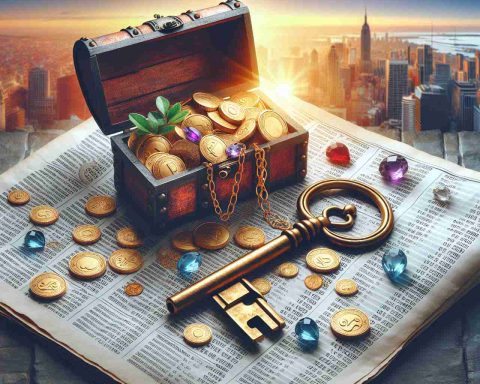 Create a symbolic and realistic image representing the concept 'Unlock Hidden Treasures in Stock Market!' The scene should have an antique key unlocking a treasure chest spilling with gold coins and precious jewels, all on top of a newspaper featuring stock quotations. The background should be a city skyline at sunrise, symbolizing a new day and new opportunities in the stock market world.