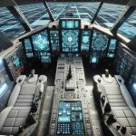 Generate a hyper-realistic, high quality image of the interior view of a futuristic fighter jet cockpit. The layout is unique with advanced displays and control systems, ergonomic pilot zone, and advanced navigational technology. The scene should be set mid-flight, demonstrating a sense of soaring into the future.