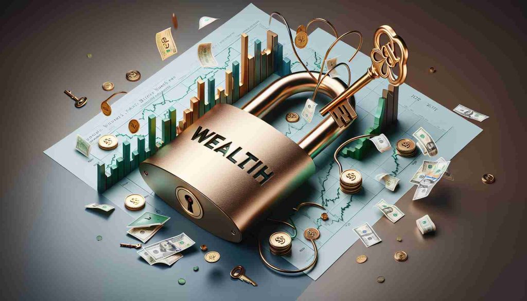 Create a realistic, high-definition image that visually represents the concept 'Unlocking Wealth: Are High-Yield Dividend Stocks Worth the Hype?'. This image might include several elements: a stylized padlock with the word 'Wealth' imprinted on it being unlocked by a golden key; a graph in the background showing the rise and fall of stock indices; pieces of paper representing shares falling from the padlock's opening like confetti. Color scheme can consist of rich, wealth-related shades like gold, silver, and green.