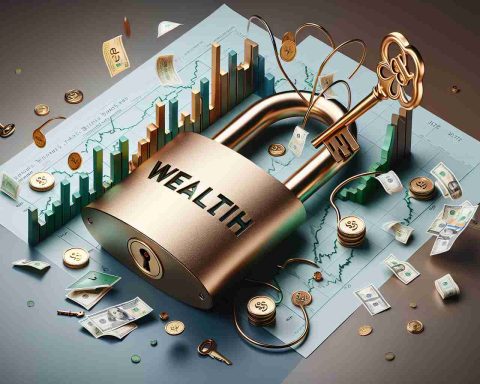 Create a realistic, high-definition image that visually represents the concept 'Unlocking Wealth: Are High-Yield Dividend Stocks Worth the Hype?'. This image might include several elements: a stylized padlock with the word 'Wealth' imprinted on it being unlocked by a golden key; a graph in the background showing the rise and fall of stock indices; pieces of paper representing shares falling from the padlock's opening like confetti. Color scheme can consist of rich, wealth-related shades like gold, silver, and green.