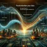 Create a high-definition, realistic image that showcases the concept of data revolutionizing modern enterprises. There's a focus on large streams of data, represented as glowing, flowing lines, transforming into complex organizational structures - think skyscrapers or factories. The background could be filled with an abstract representation of the digital world. Descriptive text should be scattered around saying phrases like 'Revolutionize Your Data', and 'Discover How It’s Transforming Today’s Enterprises'.