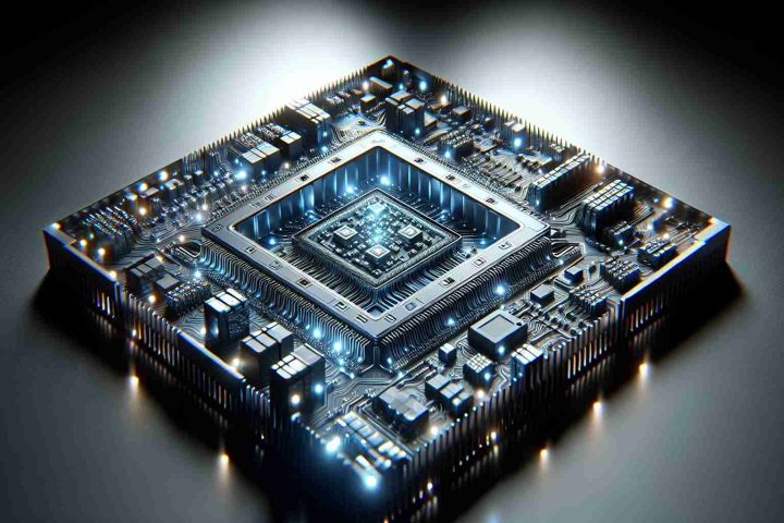 Visualize a futuristic computer chip that has the potential to revolutionize the field of computing. This should be an ultra-high-definition image portrayed with realistic aesthetics. The chip is intricate, filled with an array of tiny and complex electronic components. Lighting should be used to highlight its sophistication and potential impact on the future of technology.