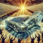 An intricately detailed, high-resolution image depicting the excitement of a solar power breakthrough. The image captures the moment of unveiling of a new, innovative electric vehicle powered entirely by solar energy. Visualize a sleek, modern car design with solar panels visible on the surface, parked against a backdrop of solar farms. There's tangible excitement and optimism in the air, signifying a revolution in sustainable transport.