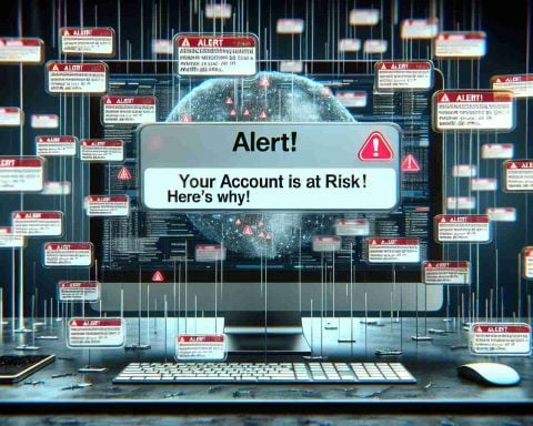 A hyper-realistic high definition digital illustration of a computer screen overwhelming with alarming notifications stating 'Alert! Your Account Is At Risk! Here's Why', representing the concept of online security threats, privacy breaches, and the necessity for cybersecurity.