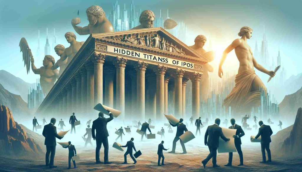 Create an image illustrating the concept of hidden titans of IPOs. The picture should depict a monumental and grand scene, with dominant structures in the backdrop signifying titanic forces in the world of Stock Exchanges. Let's add some symbols of paperwork, representing the companies going public, being elevated or pushed upwards by these giants unseen forces. Use metaphorical entities to illustrate their hidden, yet impactful presence. Make it in the style of a cutting-edge graphic design to show its relevance to today's financial world.