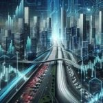 Realistic high-definition photo of an abstract representation of the concept 'Quantum Leap', as connected to technology steering the stocks of an innovative electric car company. This could be represented by a futuristic cityscape with skyscrapers shaped like bar graphs, illuminated roads representing stock market trends, all overlaid with elements symbolizing technological progress such as binary code and digitized patterns.