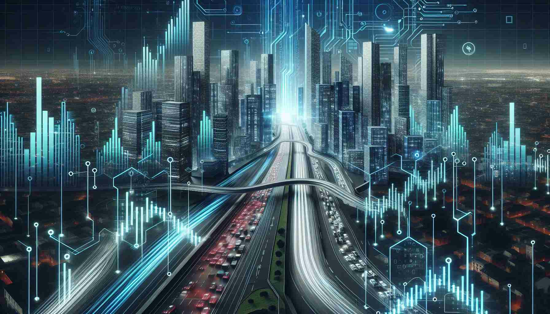 Realistic high-definition photo of an abstract representation of the concept 'Quantum Leap', as connected to technology steering the stocks of an innovative electric car company. This could be represented by a futuristic cityscape with skyscrapers shaped like bar graphs, illuminated roads representing stock market trends, all overlaid with elements symbolizing technological progress such as binary code and digitized patterns.