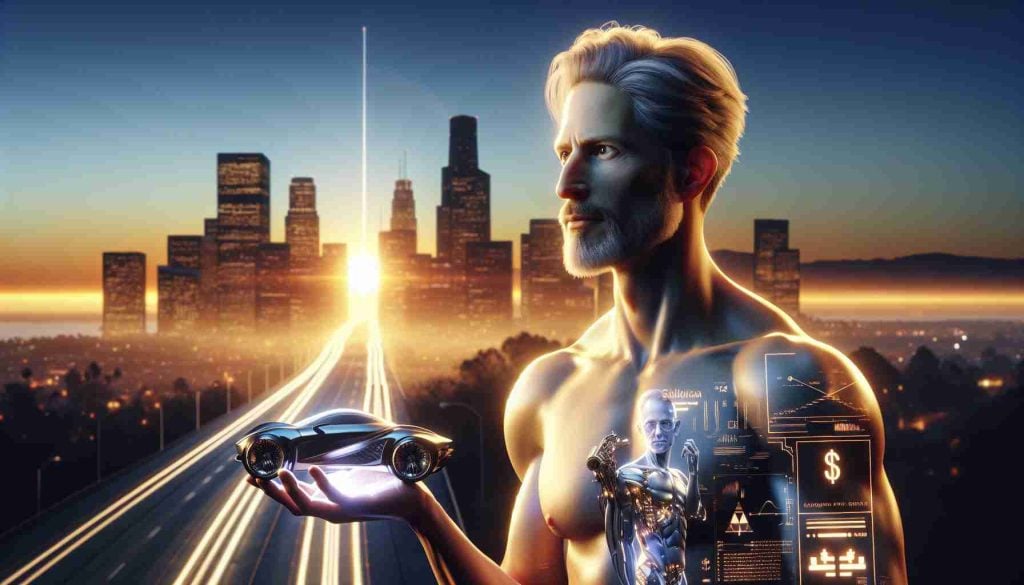 Create a hyper-realistic image of a tech entrepreneur, mirroring the physique of a tall, thin man with light skin, short, salt-and-pepper hair and a light beard. He’s looking into the distance, holding a small model of a futuristic vehicle, symbolizing his next invention. In the background, we see the skyline of the Silicone Valley with the sun setting, indicating the success already achieved, represented by the glowing symbol of $1 Trillion. The image should evoke thoughts of what lies beyond this present triumph.