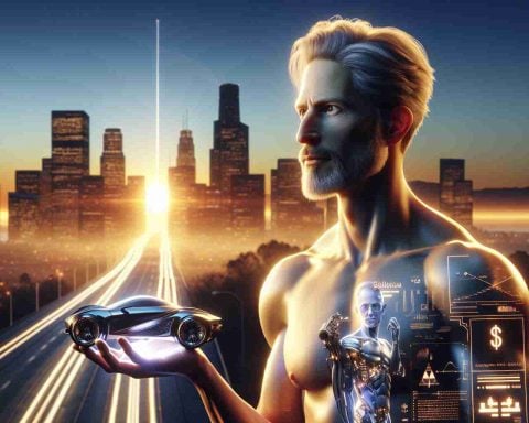 Create a hyper-realistic image of a tech entrepreneur, mirroring the physique of a tall, thin man with light skin, short, salt-and-pepper hair and a light beard. He’s looking into the distance, holding a small model of a futuristic vehicle, symbolizing his next invention. In the background, we see the skyline of the Silicone Valley with the sun setting, indicating the success already achieved, represented by the glowing symbol of $1 Trillion. The image should evoke thoughts of what lies beyond this present triumph.