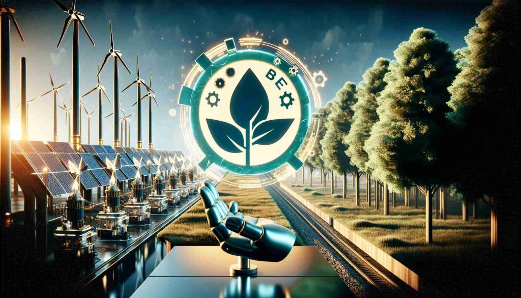 Generate a realistic and highly detailed image of a cutting-edge clean energy solution signified by an emblem of a 'bold bet'. Include a futuristic landscape that showcases a world where clean energy technology is the norm, not the exception. The scene should feature a combination of natural elements such as trees, and machinery symbolizing the production of clean energy.