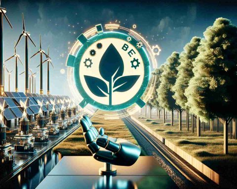 Generate a realistic and highly detailed image of a cutting-edge clean energy solution signified by an emblem of a 'bold bet'. Include a futuristic landscape that showcases a world where clean energy technology is the norm, not the exception. The scene should feature a combination of natural elements such as trees, and machinery symbolizing the production of clean energy.