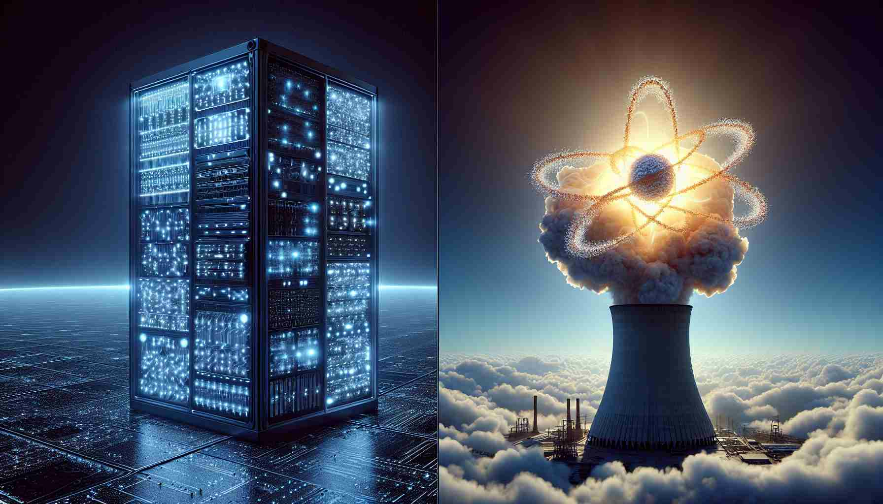 A realistic, high-definition visualization of the power dilemma faced by artificial intelligence, represented symbolically. On one side, illustrate the concept of overwhelming computational power, perhaps symbolized by a myriad of glowing circuits or a colossal supercomputer. On the other side, show an icon of nuclear energy — perhaps a nuclear power plant glowing with light, or an atom split apart, releasing a bright and intense glow. Can this nuclear energy, embodying enormous destructive and generative power, illuminate the path forward? Create a landscape where both these elements meet, evoking contemplation and debate.