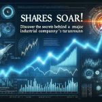 Create a high-definition image representing a sharp increase in stock value. Include imagery related to business strategies and successful turnaround stories, with emphasis on the industrial sector. Display the phrase 'Shares Soar! Discover the Secrets Behind a Major Industrial Company's Turnaround' in a stylish and catchy headline format.