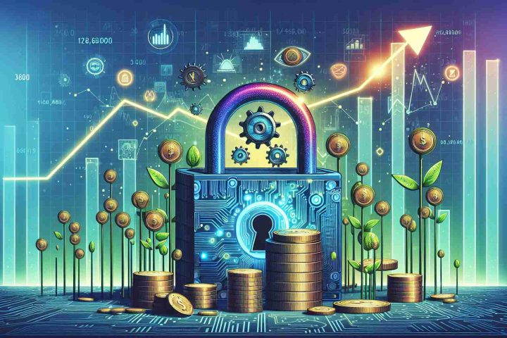 Illustration of a metaphorical scene representing unlocking hidden potential in technology stocks. A vibrant digital lock stands in the center, showcasing symbols of technology including gears, microchips, and coded data. Around it, stacks of coins grow like plant stalks, implying the rising value of investments. The background features a stylized stock market graph trending upwards. On the sky-like upper part of the image, a question hangs in bold, 'Are You Ready to Invest?' All elements are presented in high definition and realistic style.