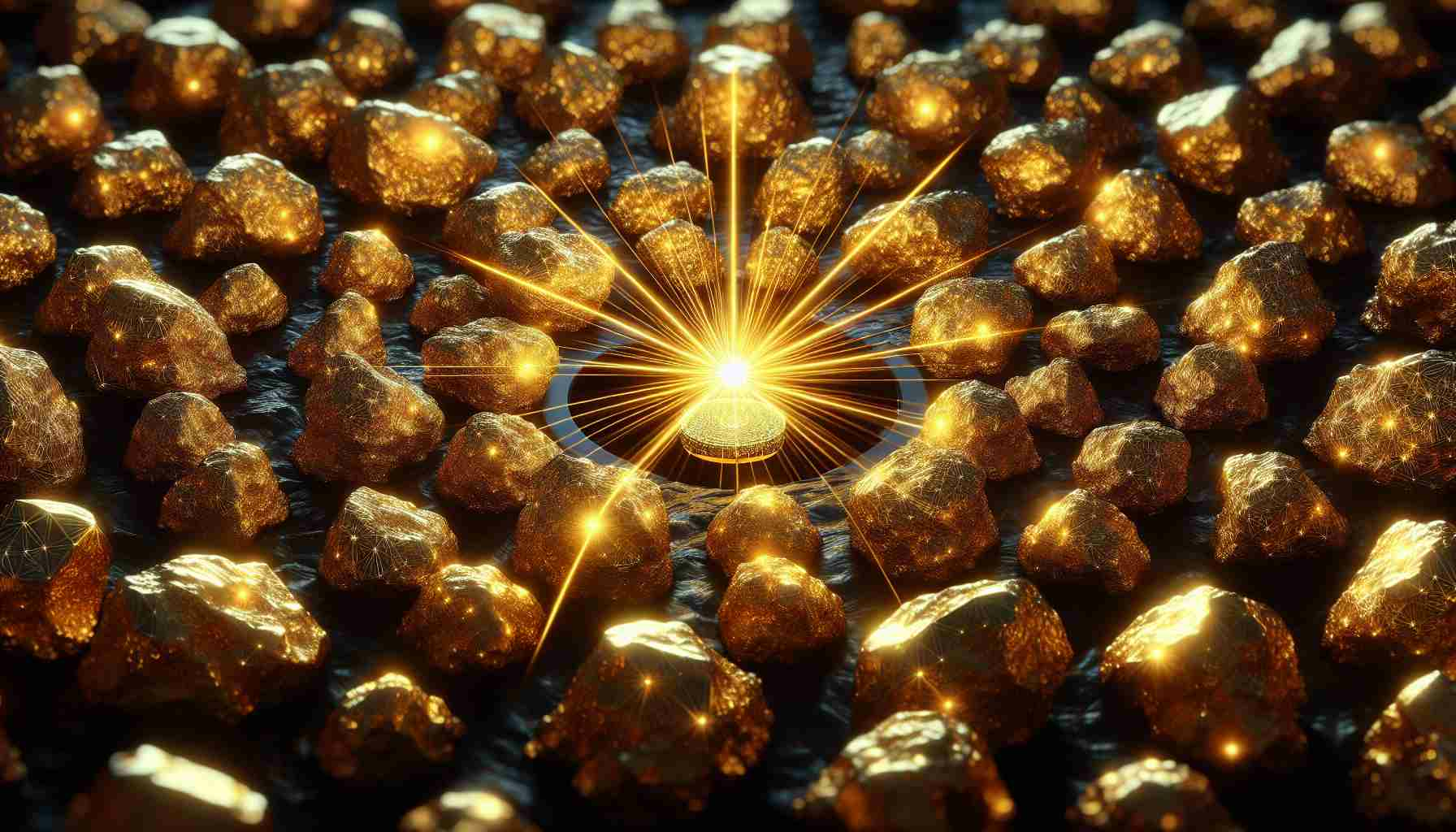 An HD realistic image portraying the concept of a 'Quantum Gold Rush'. The image might feature numerous gold nuggets, radiating intensely due to their quantum properties. Amid the collection of radiating nuggets, one shines the brightest, outshining all the others, signifying the 'One Stock' that stands out in the competitive financial market.