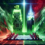 An HD photo of a symbolic representation of technology competition. In one corner, visualize a powerful green tower embodying Nvidia, emanating light. On the other side, see a dynamic red tower metaphorically representing AMD, also emanating its own light. Between them is an arena like in a chess game, indicating an ongoing strategic competition. The background fades from green to red, representing the potential shift of reign.