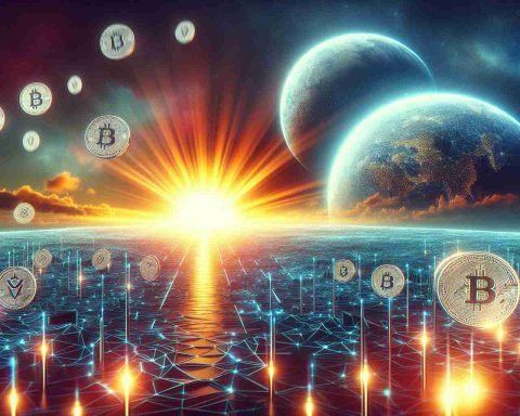 A generated high-definition image visualizing the concept of a bold future move by a cryptocurrency exchange, symbolized by a sunrise on the horizon. Illustrate this with a digital aesthetic and tokens floating towards the rising sun, suggesting the possible introduction of tokenized shares.