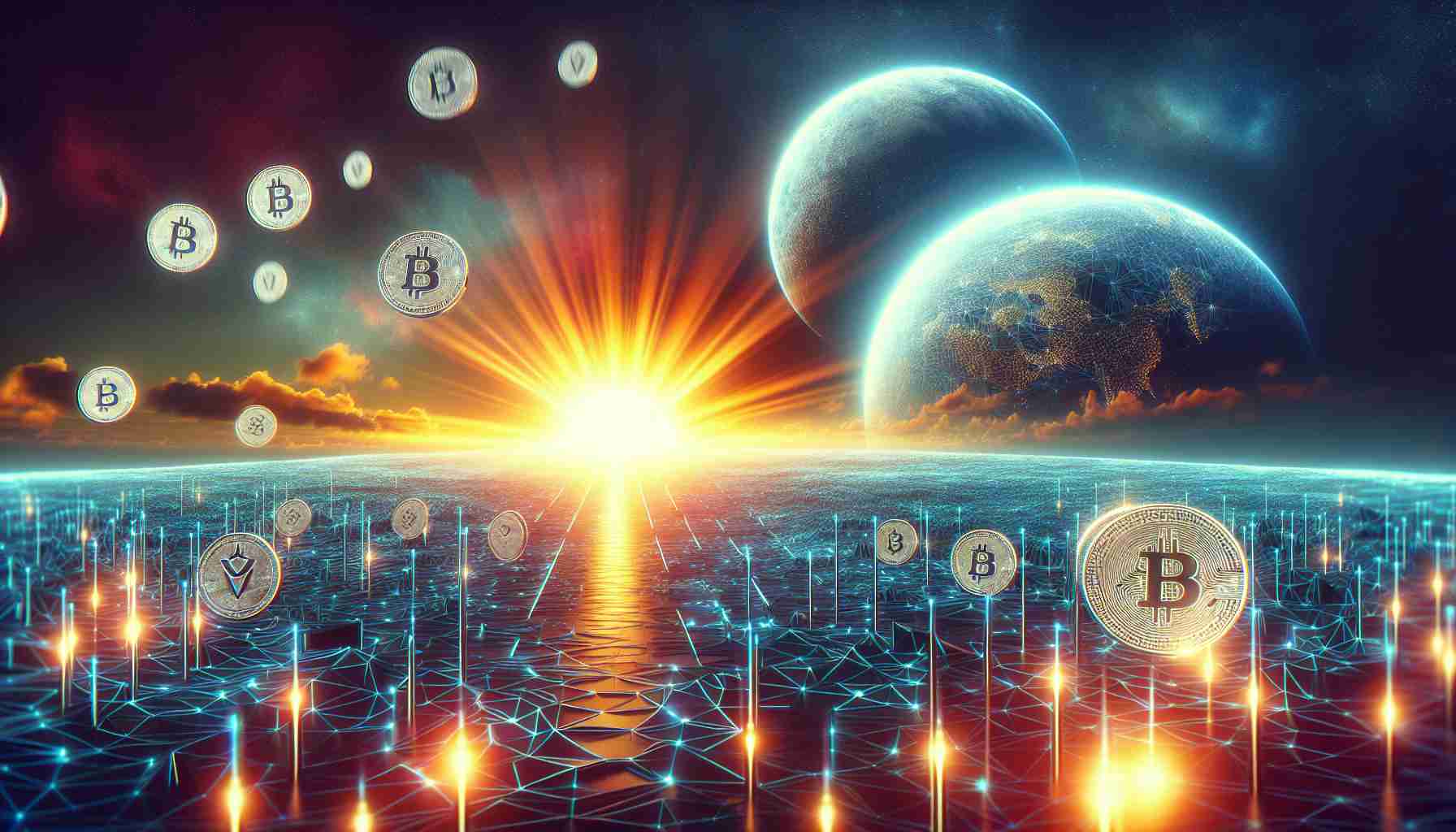 A generated high-definition image visualizing the concept of a bold future move by a cryptocurrency exchange, symbolized by a sunrise on the horizon. Illustrate this with a digital aesthetic and tokens floating towards the rising sun, suggesting the possible introduction of tokenized shares.