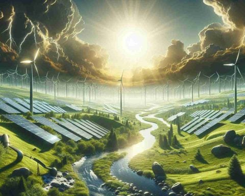 A high-definition, realistic illustration of a conceptual scene showcasing the green revolution led by Australia. Imagine a lush landscape filled with renewable energy sources -- vast solar farms under the bright sun, wind turbines standing tall against the sky, and streams harnessed for hydroelectric power. On the horizon, distinct challenges loom as shadowy and uncertain shapes, representing unseen difficulties. The scene should convey both the potential of the green revolution, and the daunting challenges it faces.