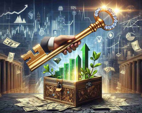 Create an engaging and realistic representation in high definition of the concept of 'Unlocking Hidden Gems: Value Stocks Poised for Growth'. This visual metaphor could consist of a giant metaphorical gem-studded key made of shiny gold unlocking a colossal treasure chest, that is intricately carved with business and financial icons. Emerging from the chest are symbols denoting growth like green sprigs, upward-directed arrows, and bar graphs. Also include a firm background of Wall Street with bustling activity.