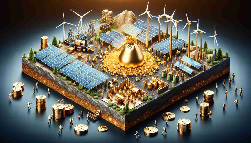 Detailed depiction of the concept of renewable energy being associated with a new 'gold rush'. This should be visualized as sustainable energy sources like solar panels, wind turbines and others being shown as gold resources in an innovative, expansive site. It is an HD representation expressing the importance and worthiness of renewable energy. Also depict the element of a 'massive bet' as stakes being placed on a table, making reference to strategic investments in sustainable technology. No human figures need to be included.