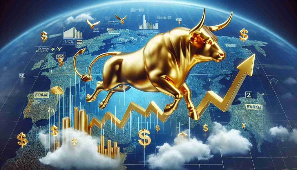 Realistic HD photo of a metaphorical representation of the banking boom. A golden bull, symbolizing the stock market, soaring high in the sky representing increased stock value. The background should include a stylized map of Europe, with symbols of currency and banks scattered across. Please include in the sky, soaring up with the bull, some arrows indicating growth and some bars representing fluctuating stock prices.