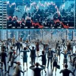 A realistic, high-detail representation of a chaotic market scene following a disappointing announcement from a major technology company. People look surprised and disoriented, with share price charts plummeting on large screens. There's a sense of surprise and shock everywhere.