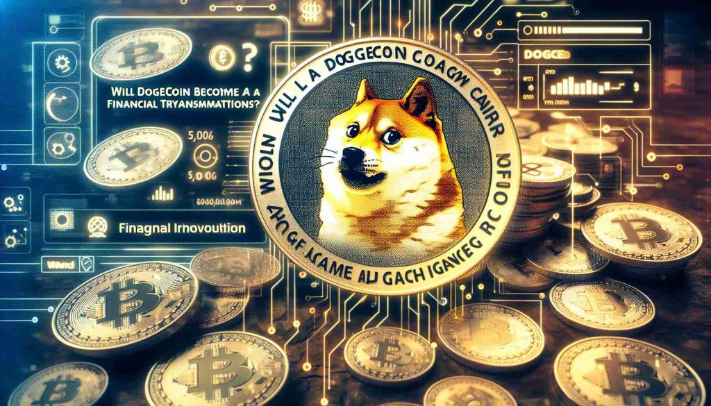 Generate an image depicting the question 'Will Dogecoin Become a Game Changer for Financial Transactions?' laid over a background of coins displaying the Dogecoin logo. Overlay this scene with elements suggesting technological innovation and financial revolution, hinting at an influential person's vision without specifically revealing his identity.