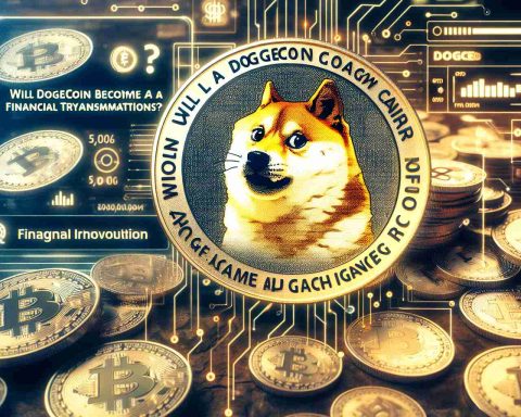 Generate an image depicting the question 'Will Dogecoin Become a Game Changer for Financial Transactions?' laid over a background of coins displaying the Dogecoin logo. Overlay this scene with elements suggesting technological innovation and financial revolution, hinting at an influential person's vision without specifically revealing his identity.