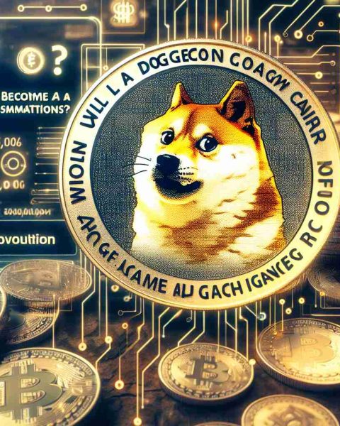 Generate an image depicting the question 'Will Dogecoin Become a Game Changer for Financial Transactions?' laid over a background of coins displaying the Dogecoin logo. Overlay this scene with elements suggesting technological innovation and financial revolution, hinting at an influential person's vision without specifically revealing his identity.