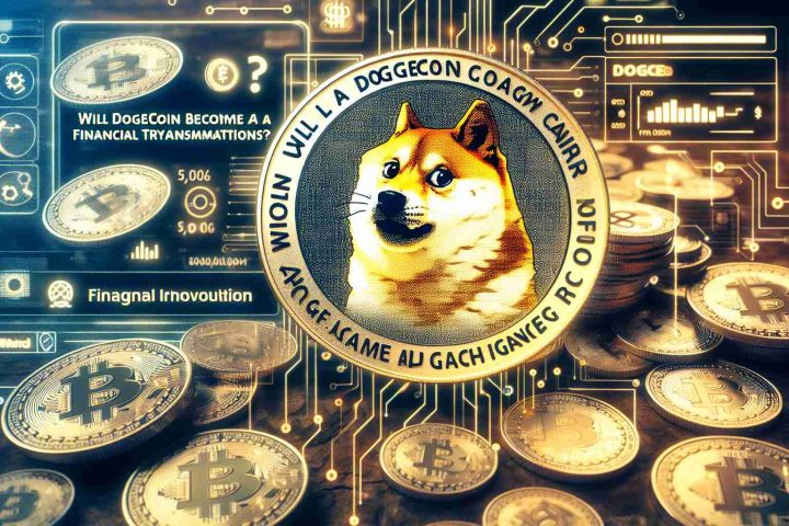 Generate an image depicting the question 'Will Dogecoin Become a Game Changer for Financial Transactions?' laid over a background of coins displaying the Dogecoin logo. Overlay this scene with elements suggesting technological innovation and financial revolution, hinting at an influential person's vision without specifically revealing his identity.