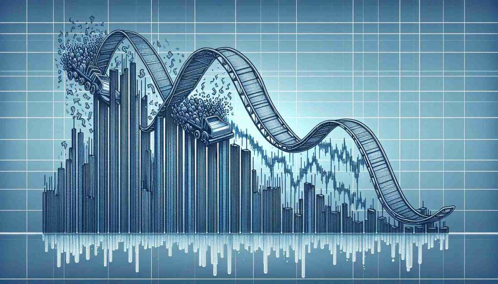 Generate a detailed high-definition image depicting an abstract concept of stock market volatility as a roller coaster ride. This is in reference to the significant down trend of a company called Lynas Rare Earths. Illustrate the rollercoaster in a descending motion capturing the falling stocks. Be creative in capturing this concept, including elements like downtrending line graphs, bar charts, or other representations of stock market data in the rollercoaster design.