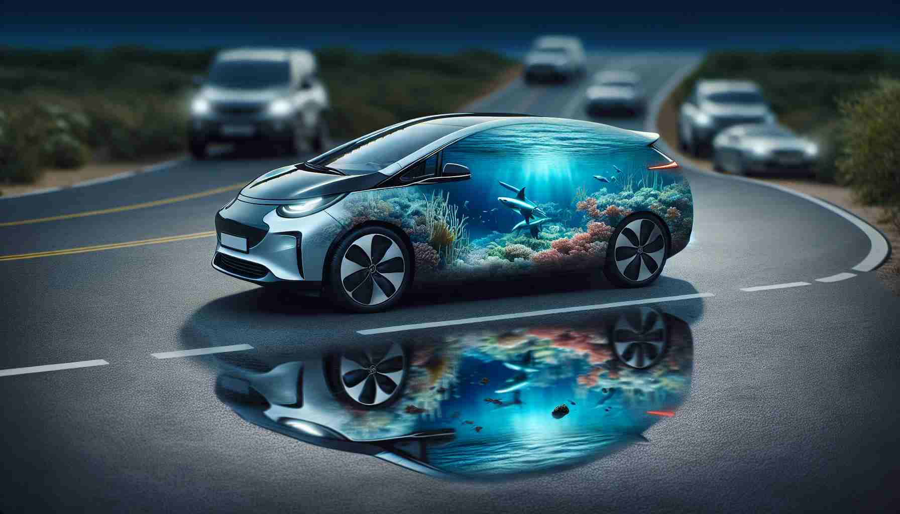 A high-definition, realistic representation of electric cars being a potential unseen threat. The scene involves a juxtaposition of an electric car on a road, seemingly harmless and efficient. Yet, disturbingly mirrored in the reflection on the car's surface are images of a distressed ocean ecosystem, indicating a symbolic connection between the two.