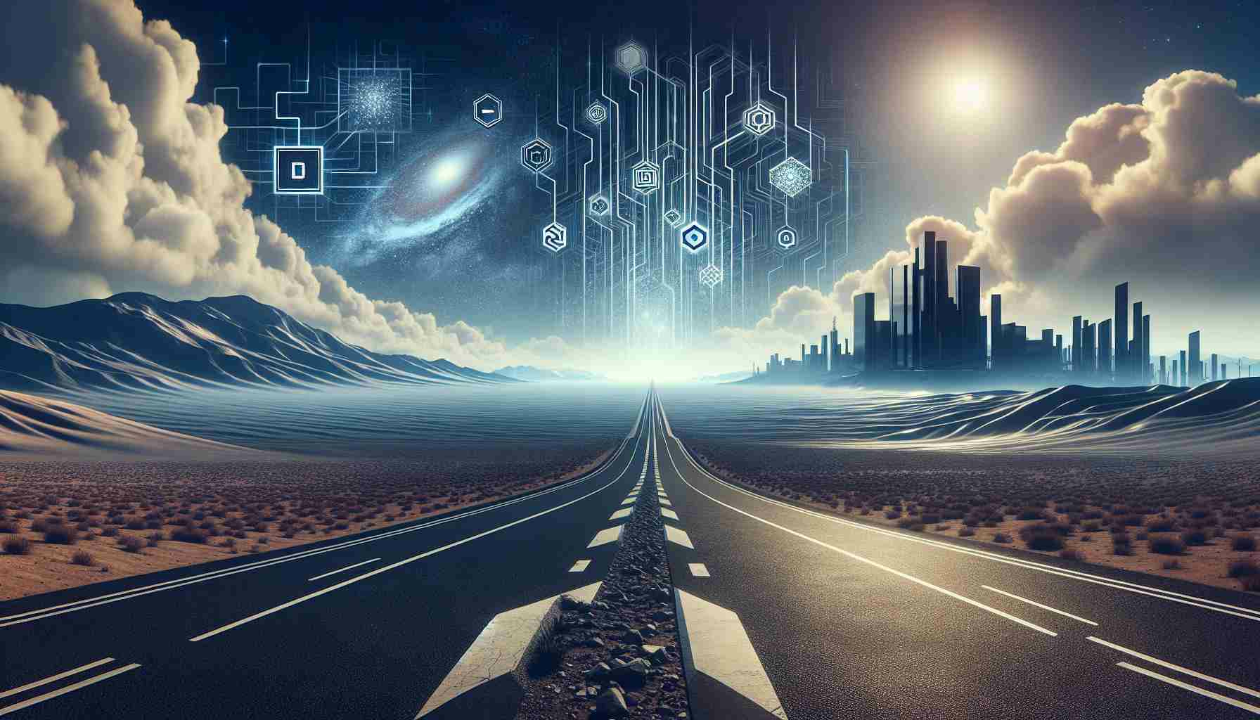 Create a high-definition, realistic visual representation of the concept 'Quantum Computing's Long Road Ahead'. The scene should depict a metaphorical long, winding road extending to the horizon under a vast sky. On the roadside, subtly incorporate symbolic elements of quantum computing like Qubits, superposition, and entanglement. Additionally, have silhouettes of large buildings at the distant horizon implying the 'Tech Giants', and a futuristic setting to indicate the 'Distant Future'.