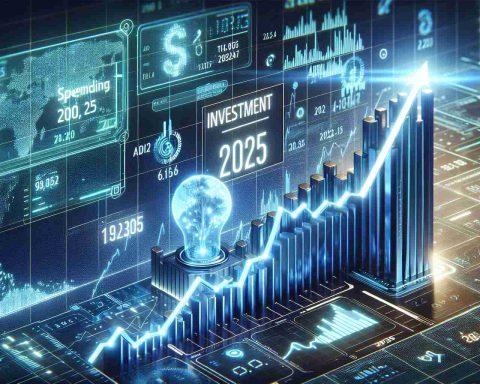 An ultra-high-definition, realistic image depicting the concept of AI investment skyrocketing. The image shows an ascending line graph, denoting the surge in spending on AI, with a futuristic calendar showing the year 2025 on the side. Holographic tickers of promising stocks are displayed in the sky, symbolizing the promising future of the AI industry.