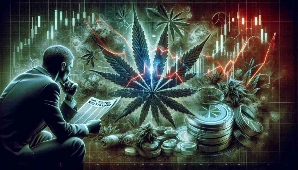 A highly detailed, high-definition illustration of a concept depicting the struggle of marijuana stocks. This could be shown as a graph or chart showing a downward trend, intermingled with symbolic imagery related to cannabis such as a marijuana leaf. There could be elements suggesting investors analyzing data or pondering, such as an individual peering at the graph with a serious expression, maybe reading a newspaper or report titled 'What Investors Need to Know'. The overall tone should be serious and reflect the uncertainty and complexity of the subject matter.